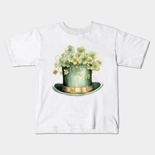 Gold and Green Leprechaun Top Hat with Clover Kids T-Shirt